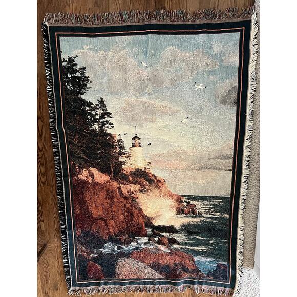 Coastal tapestry blanket fringed, Lighthouse on cliff by Goodwin Weavers 44 x 66 - Picture 1 of 5